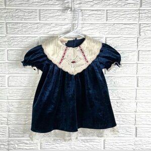 Vintage Little Precious Girls Blue Velvet Formal Dress Lace Trim Toddler Size 2T